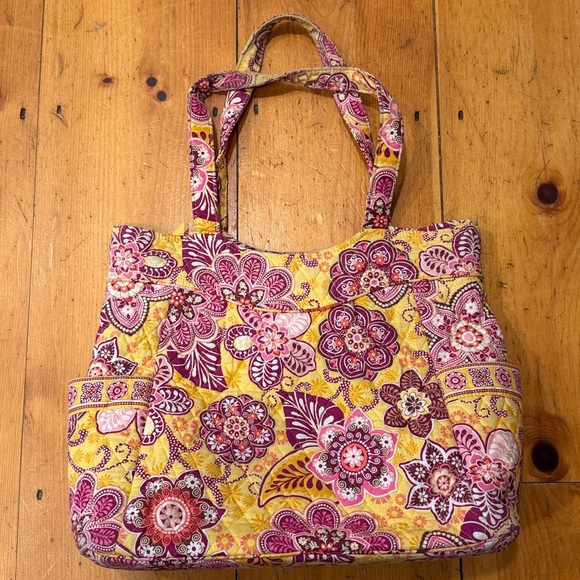 Bali Gold Floral Quilted Tote Bag Yellow and Pink vintage Boho Retired Bag - Picture 6 of 17